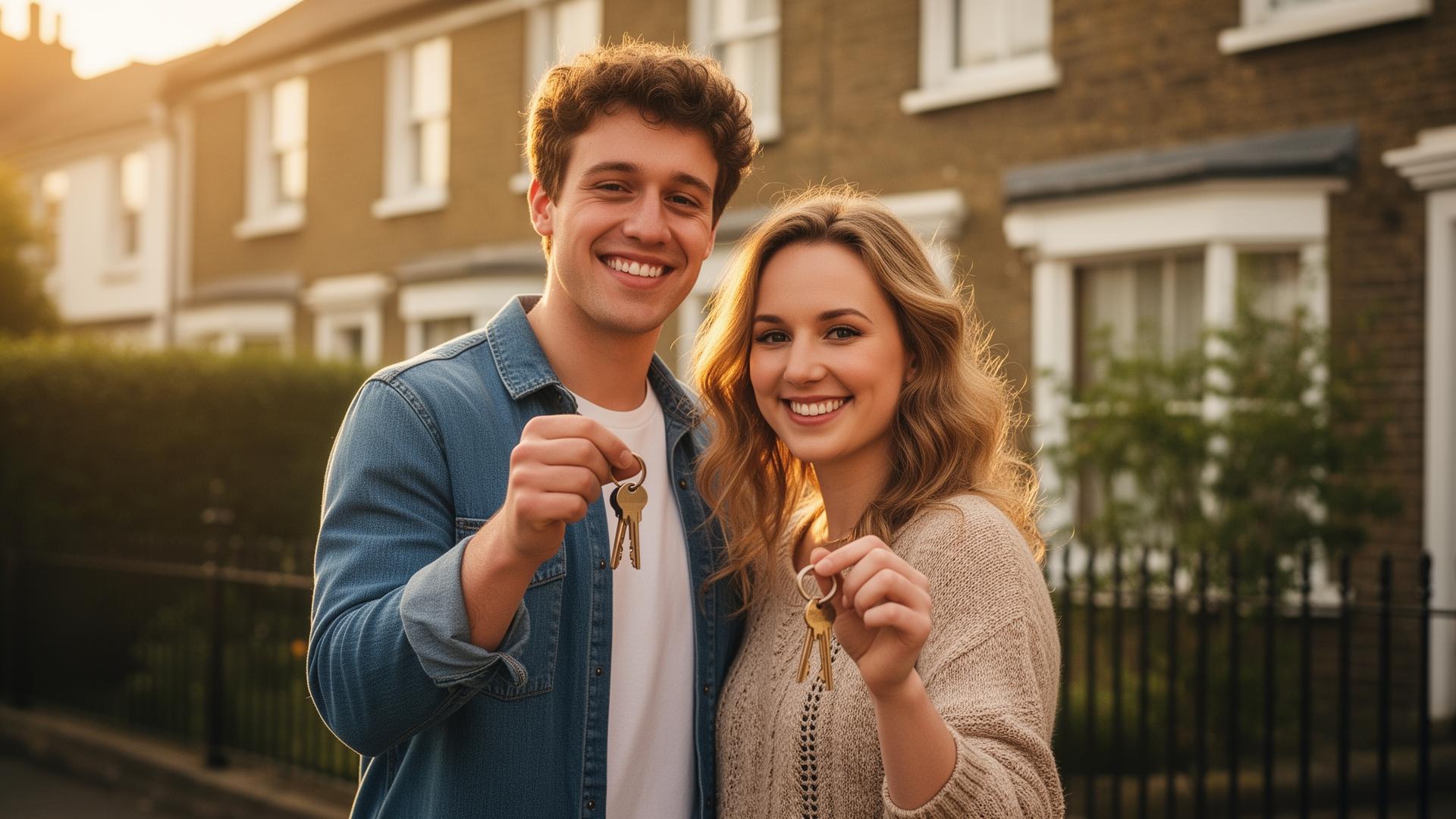 Young couple holding keys outside their new UK home